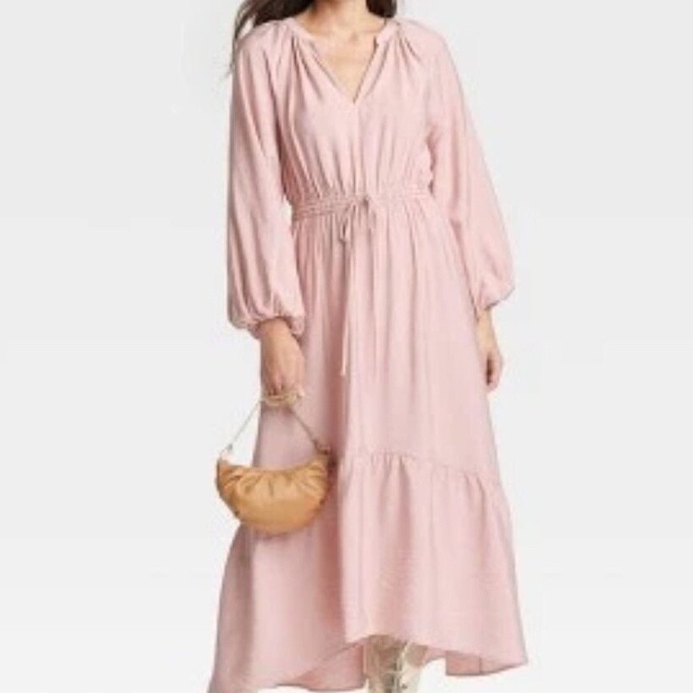 A New Day Pink Long Sleeve Tiered Midi Dress XSmall Pockets V-Neck Elastic Waist
